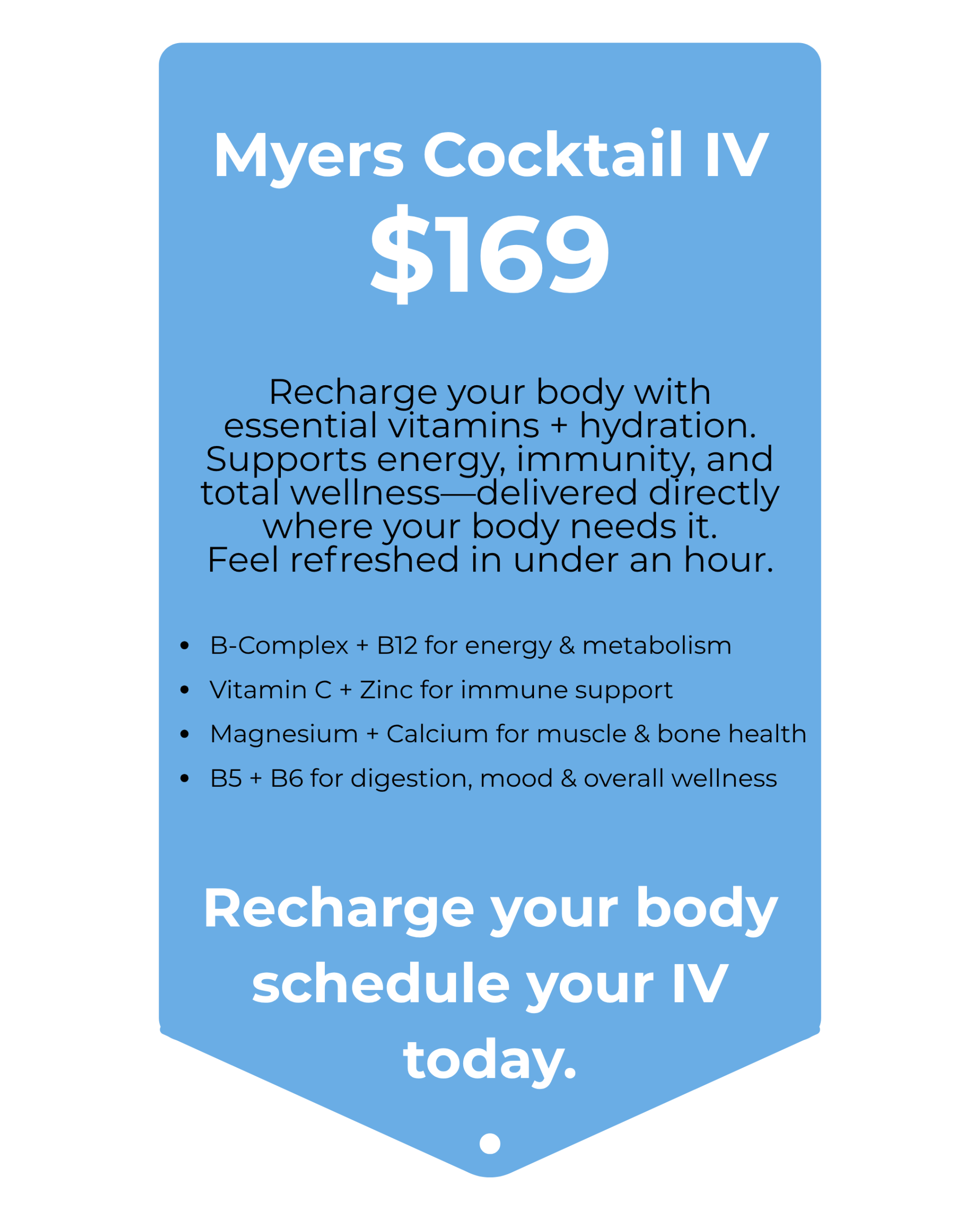 Key Nutrients B-Complex + B12 for energy & metabolism Vitamin C + Zinc for immune support Magnesium + Calcium for muscle & bone health B5 + B6 for digestion, mood & overall wellness (1) iv immunity therapy near me
